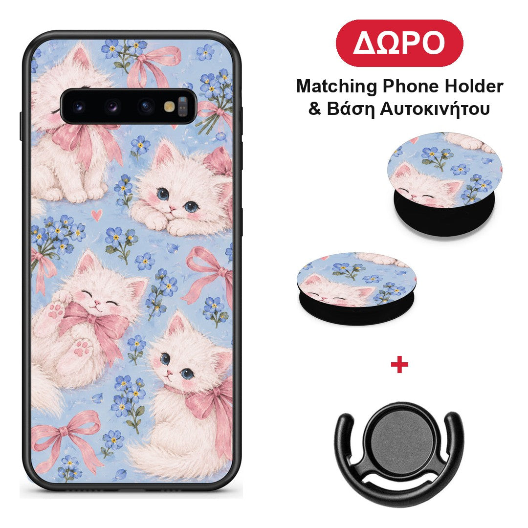 White Kittens and Blue Flowers Large - Samsung Galaxy S10+ θήκη + Δώρο Phone Holder & Βάση Αυτοκινήτου