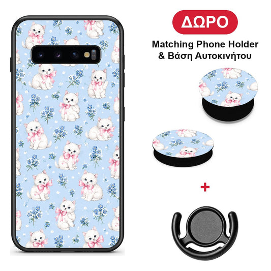 White Kittens and Blue Flowers Small - Samsung Galaxy S10+ θήκη + Δώρο Phone Holder & Βάση Αυτοκινήτου
