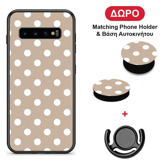 White Polka Dots on Taupe - Samsung Galaxy S10+ θήκη + Δώρο Phone Holder & Βάση Αυτοκινήτου