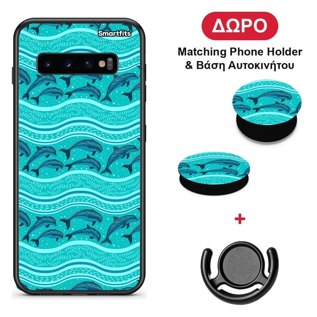 Swimming Dolphins - Samsung Galaxy S10 θήκη + Δώρο Phone Holder & Βάση Αυτοκινήτου