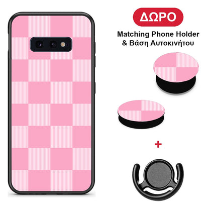 Pink and White Striped Checks - Samsung Galaxy S10e θήκη + Δώρο Phone Holder & Βάση Αυτοκινήτου