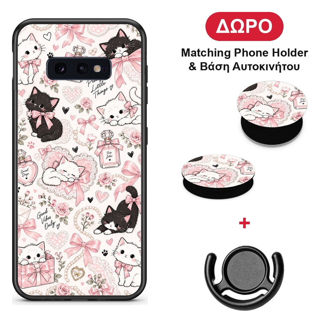 Pink Bows and Kittens Collage - Samsung Galaxy S10e θήκη + Δώρο Phone Holder & Βάση Αυτοκινήτου
