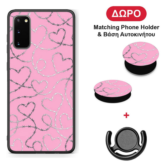 Barbed Wire Hearts on Pink - Samsung Galaxy S20 θήκη + Δώρο Phone Holder & Βάση Αυτοκινήτου