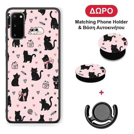 Black Cat Doodles on Pink - Samsung Galaxy S20 θήκη + Δώρο Phone Holder & Βάση Αυτοκινήτου