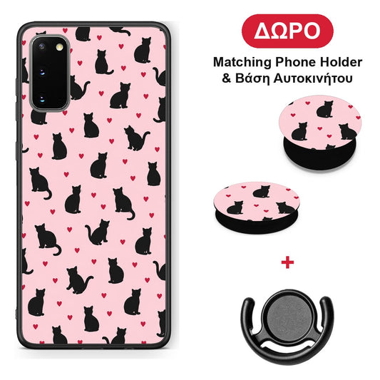 Black Cat Silhouettes and Hearts on Pink - Samsung Galaxy S20 θήκη + Δώρο Phone Holder & Βάση Αυτοκινήτου