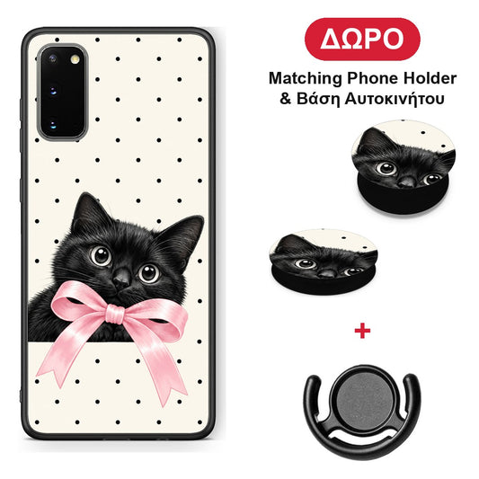 Black Kitten Pink Bow and Polka Dots - Samsung Galaxy S20 θήκη + Δώρο Phone Holder & Βάση Αυτοκινήτου