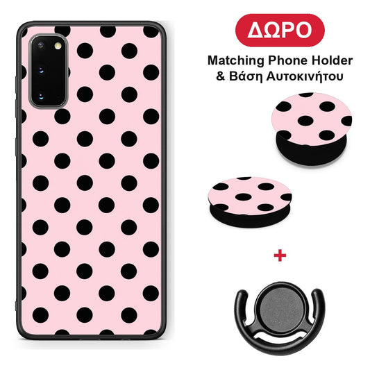 Black Polka Dots on Pink - Samsung Galaxy S20 θήκη + Δώρο Phone Holder & Βάση Αυτοκινήτου