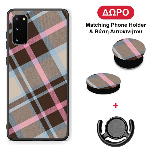Brown Pink and Blue Diagonal Plaid - Samsung Galaxy S20 θήκη + Δώρο Phone Holder & Βάση Αυτοκινήτου