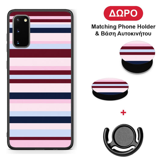 Burgundy Pink and Blue Horizontal Stripes - Samsung Galaxy S20 θήκη + Δώρο Phone Holder & Βάση Αυτοκινήτου