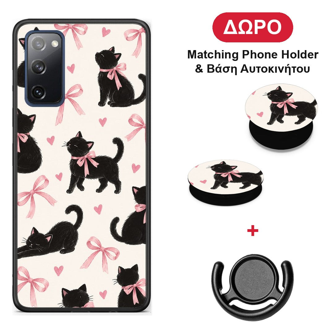 Black Kittens and Pink Bows on Cream Large - Samsung Galaxy S20 FE θήκη + Δώρο Phone Holder & Βάση Αυτοκινήτου