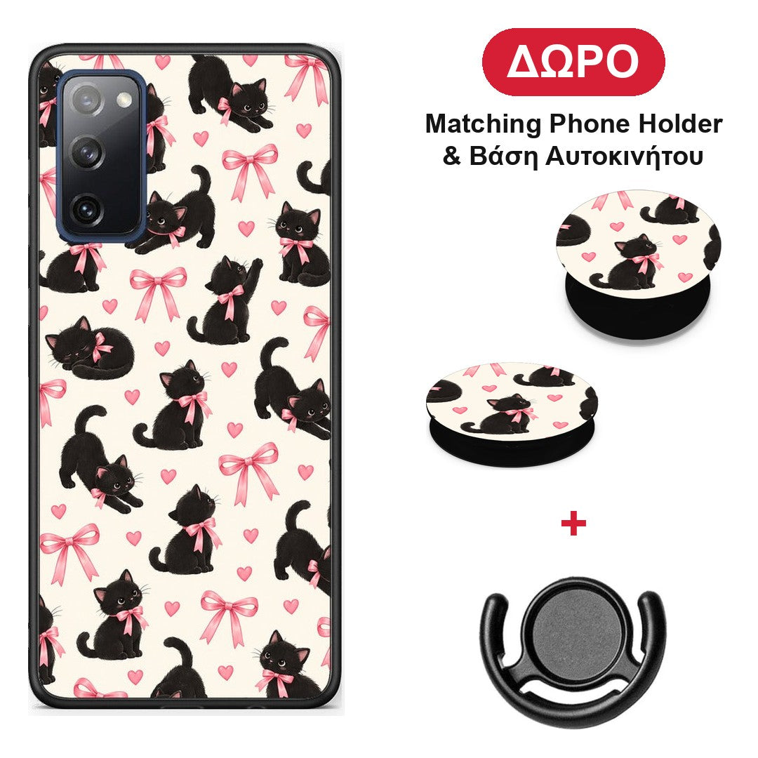 Black Kittens and Pink Bows on Cream Small - Samsung Galaxy S20 FE θήκη + Δώρο Phone Holder & Βάση Αυτοκινήτου