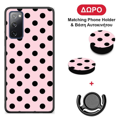 Black Polka Dots on Pink - Samsung Galaxy S20 FE θήκη + Δώρο Phone Holder & Βάση Αυτοκινήτου