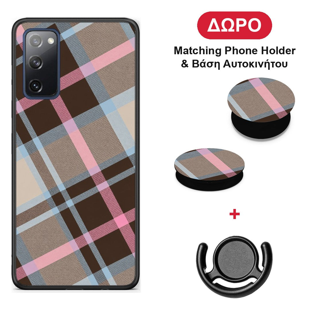 Brown Pink and Blue Diagonal Plaid - Samsung Galaxy S20 FE θήκη + Δώρο Phone Holder & Βάση Αυτοκινήτου
