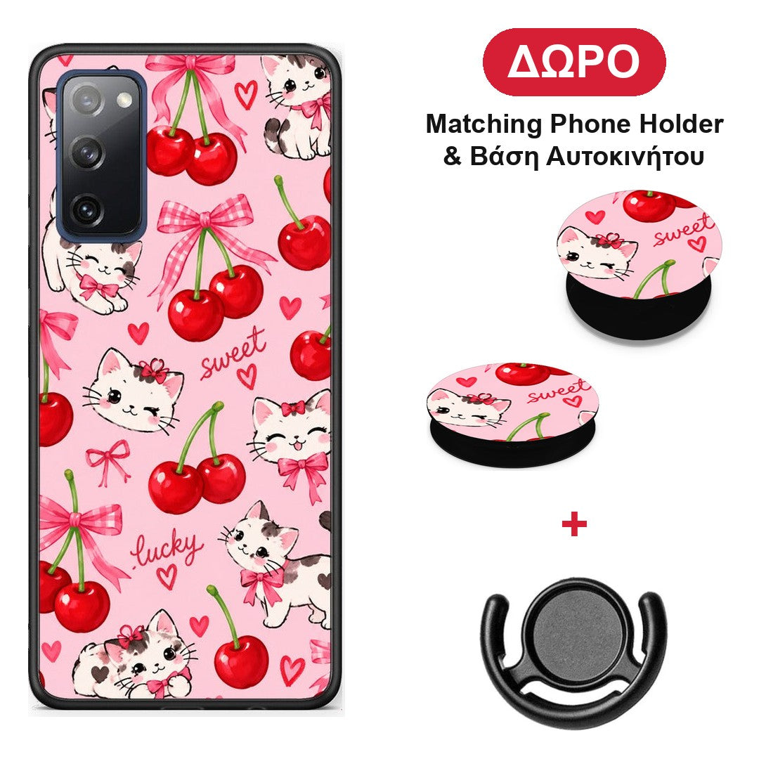 Cherries Bows and Kittens on Pink - Samsung Galaxy S20 FE θήκη + Δώρο Phone Holder & Βάση Αυτοκινήτου