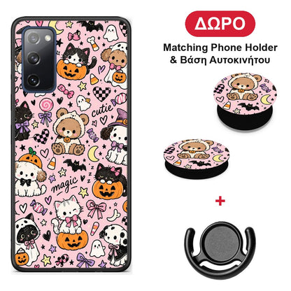 Halloween Cute Animals on Pink - Samsung Galaxy S20 FE θήκη + Δώρο Phone Holder & Βάση Αυτοκινήτου