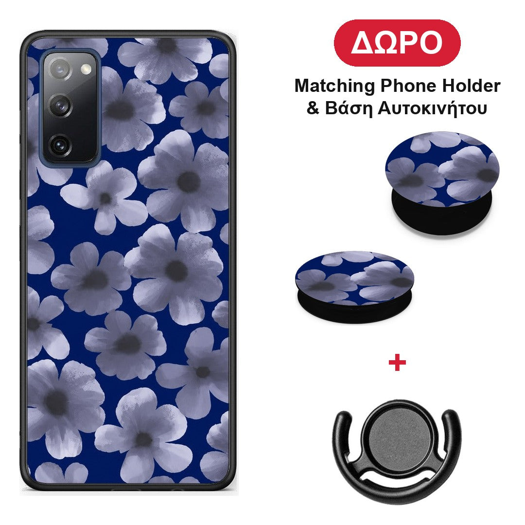 Pale Blue Flowers on Navy - Samsung Galaxy S20 FE θήκη + Δώρο Phone Holder & Βάση Αυτοκινήτου