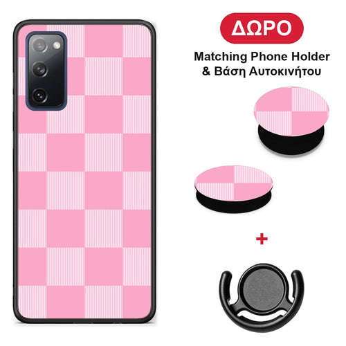 Pink and White Striped Checks - Samsung Galaxy S20 FE θήκη + Δώρο Phone Holder & Βάση Αυτοκινήτου