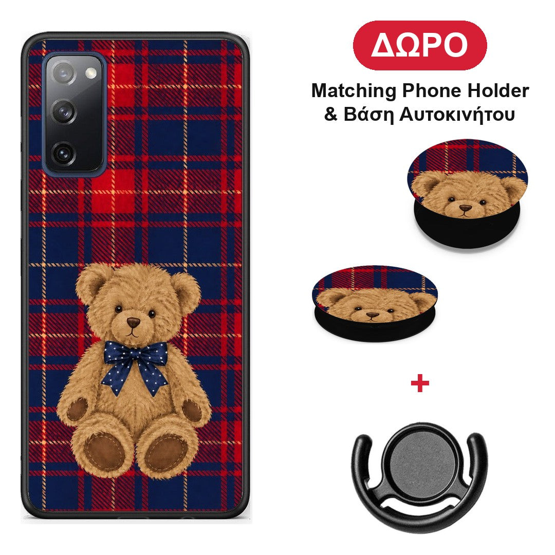 Teddy Bear on Red and Navy Tartan - Samsung Galaxy S20 FE θήκη + Δώρο Phone Holder & Βάση Αυτοκινήτου