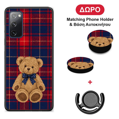 Teddy Bear on Red and Navy Tartan - Samsung Galaxy S20 FE θήκη + Δώρο Phone Holder & Βάση Αυτοκινήτου