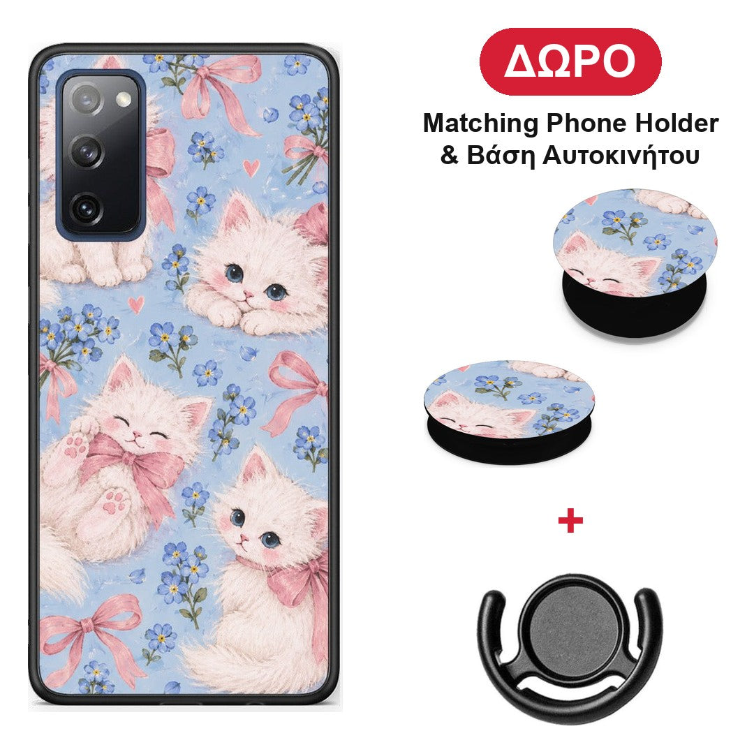 White Kittens and Blue Flowers Large - Samsung Galaxy S20 FE θήκη + Δώρο Phone Holder & Βάση Αυτοκινήτου
