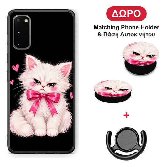 Grumpy Party Kitten on Black - Samsung Galaxy S20 θήκη + Δώρο Phone Holder & Βάση Αυτοκινήτου