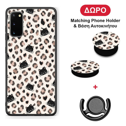 Leopard Spots and Black Cats on Cream - Samsung Galaxy S20 θήκη + Δώρο Phone Holder & Βάση Αυτοκινήτου