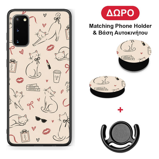 Minimal Cat and Fashion Doodles on Cream - Samsung Galaxy S20 θήκη + Δώρο Phone Holder & Βάση Αυτοκινήτου