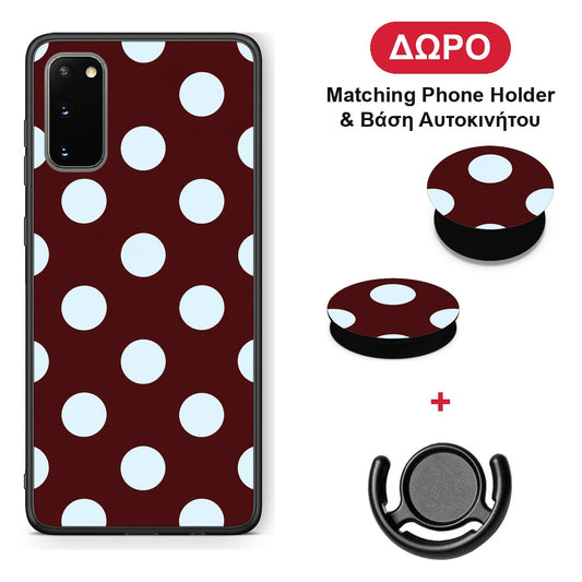 Pale Blue Large Polka Dots on Burgundy - Samsung Galaxy S20 θήκη + Δώρο Phone Holder & Βάση Αυτοκινήτου