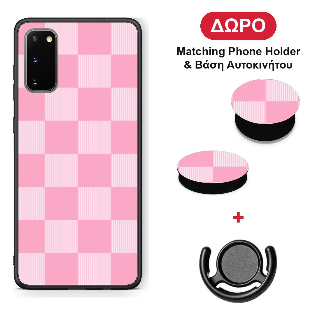 Pink and White Striped Checks - Samsung Galaxy S20 θήκη + Δώρο Phone Holder & Βάση Αυτοκινήτου