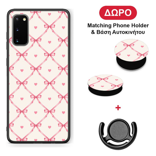 Pink Bow Lattice and Hearts on Cream - Samsung Galaxy S20 θήκη + Δώρο Phone Holder & Βάση Αυτοκινήτου