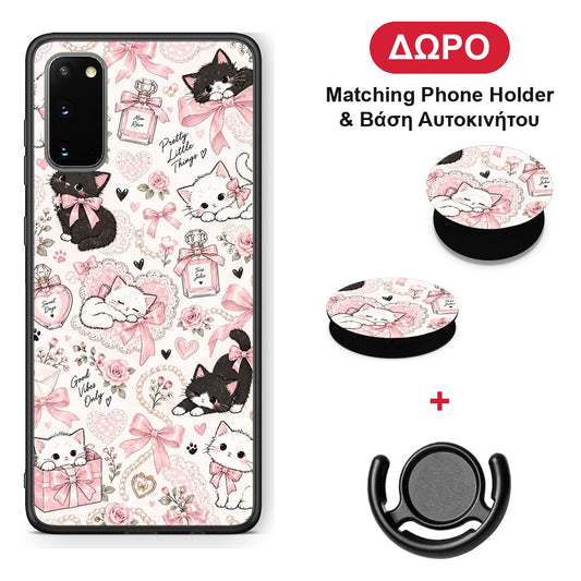 Pink Bows and Kittens Collage - Samsung Galaxy S20 θήκη + Δώρο Phone Holder & Βάση Αυτοκινήτου
