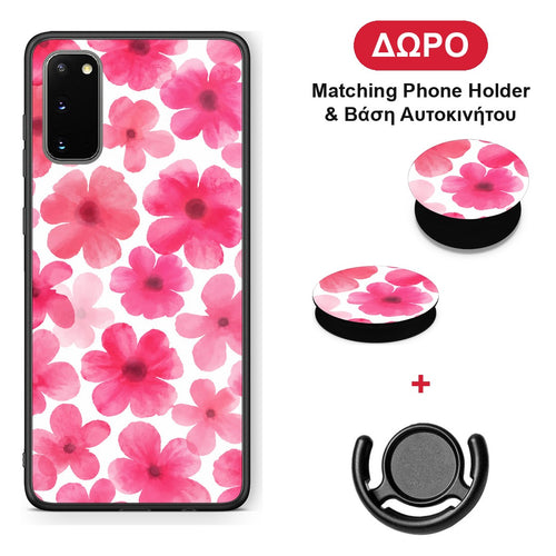 Pink Watercolour Flowers on White - Samsung Galaxy S20 θήκη + Δώρο Phone Holder & Βάση Αυτοκινήτου
