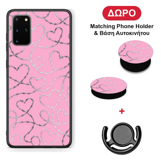 Barbed Wire Hearts on Pink - Samsung Galaxy S20+ θήκη + Δώρο Phone Holder & Βάση Αυτοκινήτου