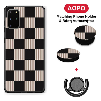 Black and Taupe Striped Checks - Samsung Galaxy S20+ θήκη + Δώρο Phone Holder & Βάση Αυτοκινήτου