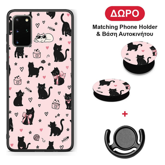Black Cat Doodles on Pink - Samsung Galaxy S20+ θήκη + Δώρο Phone Holder & Βάση Αυτοκινήτου