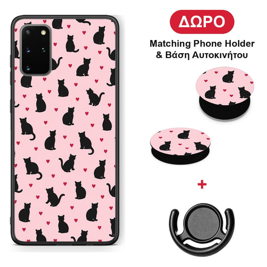 Black Cat Silhouettes and Hearts on Pink - Samsung Galaxy S20+ θήκη + Δώρο Phone Holder & Βάση Αυτοκινήτου