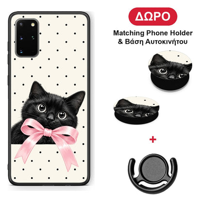 Black Kitten Pink Bow and Polka Dots - Samsung Galaxy S20+ θήκη + Δώρο Phone Holder & Βάση Αυτοκινήτου