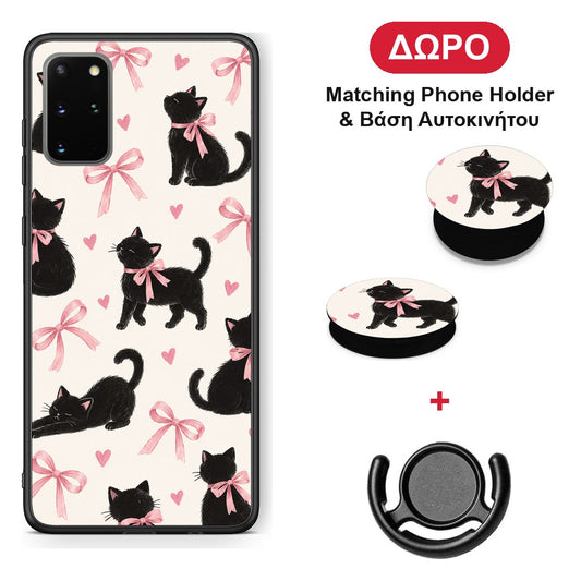 Black Kittens and Pink Bows on Cream Large - Samsung Galaxy S20+ θήκη + Δώρο Phone Holder & Βάση Αυτοκινήτου