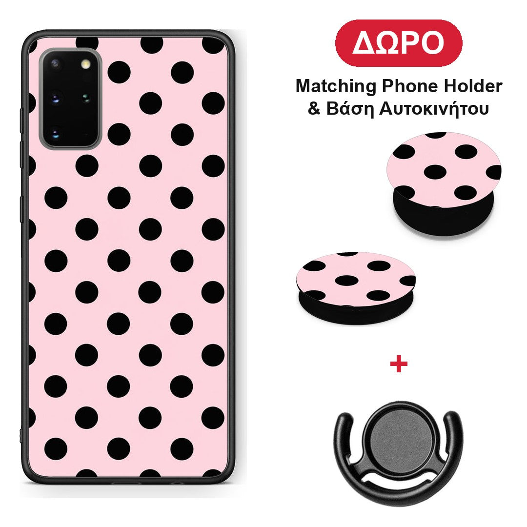 Black Polka Dots on Pink - Samsung Galaxy S20+ θήκη + Δώρο Phone Holder & Βάση Αυτοκινήτου
