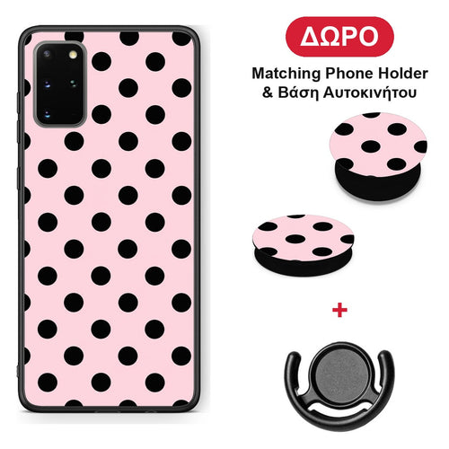Black Polka Dots on Pink - Samsung Galaxy S20+ θήκη + Δώρο Phone Holder & Βάση Αυτοκινήτου