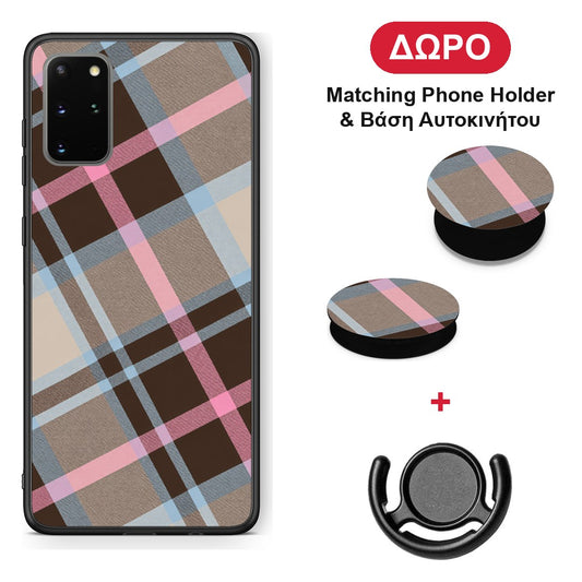 Brown Pink and Blue Diagonal Plaid - Samsung Galaxy S20+ θήκη + Δώρο Phone Holder & Βάση Αυτοκινήτου