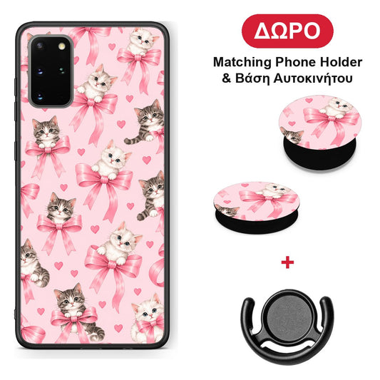 Kittens and Pink Bows on Pink - Samsung Galaxy S20+ θήκη + Δώρο Phone Holder & Βάση Αυτοκινήτου