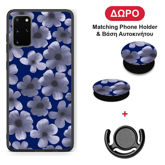 Pale Blue Flowers on Navy - Samsung Galaxy S20+ θήκη + Δώρο Phone Holder & Βάση Αυτοκινήτου