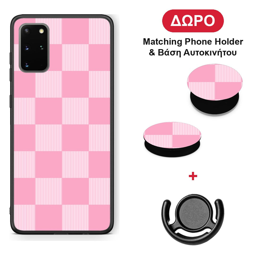 Pink and White Striped Checks - Samsung Galaxy S20+ θήκη + Δώρο Phone Holder & Βάση Αυτοκινήτου