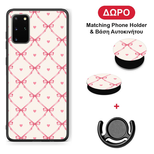 Pink Bow Lattice and Hearts on Cream - Samsung Galaxy S20+ θήκη + Δώρο Phone Holder & Βάση Αυτοκινήτου