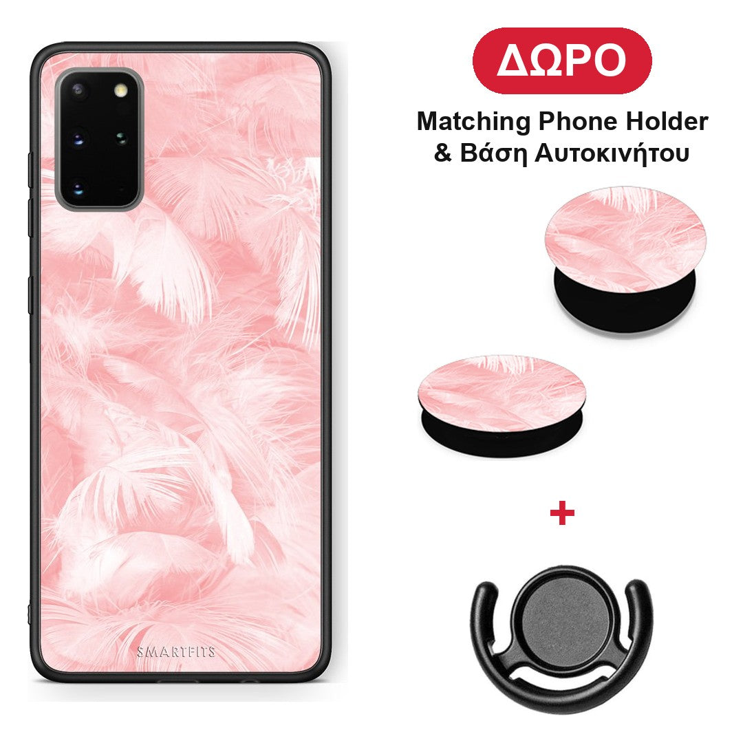 Boho Pink Feather - Samsung Galaxy S20+ θήκη + Δώρο Phone Holder & Βάση Αυτοκινήτου