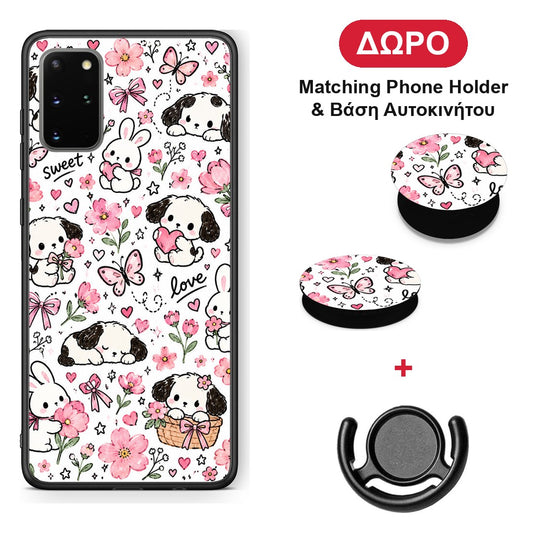 Pink Florals Puppies and Bunnies on White - Samsung Galaxy S20+ θήκη + Δώρο Phone Holder & Βάση Αυτοκινήτου