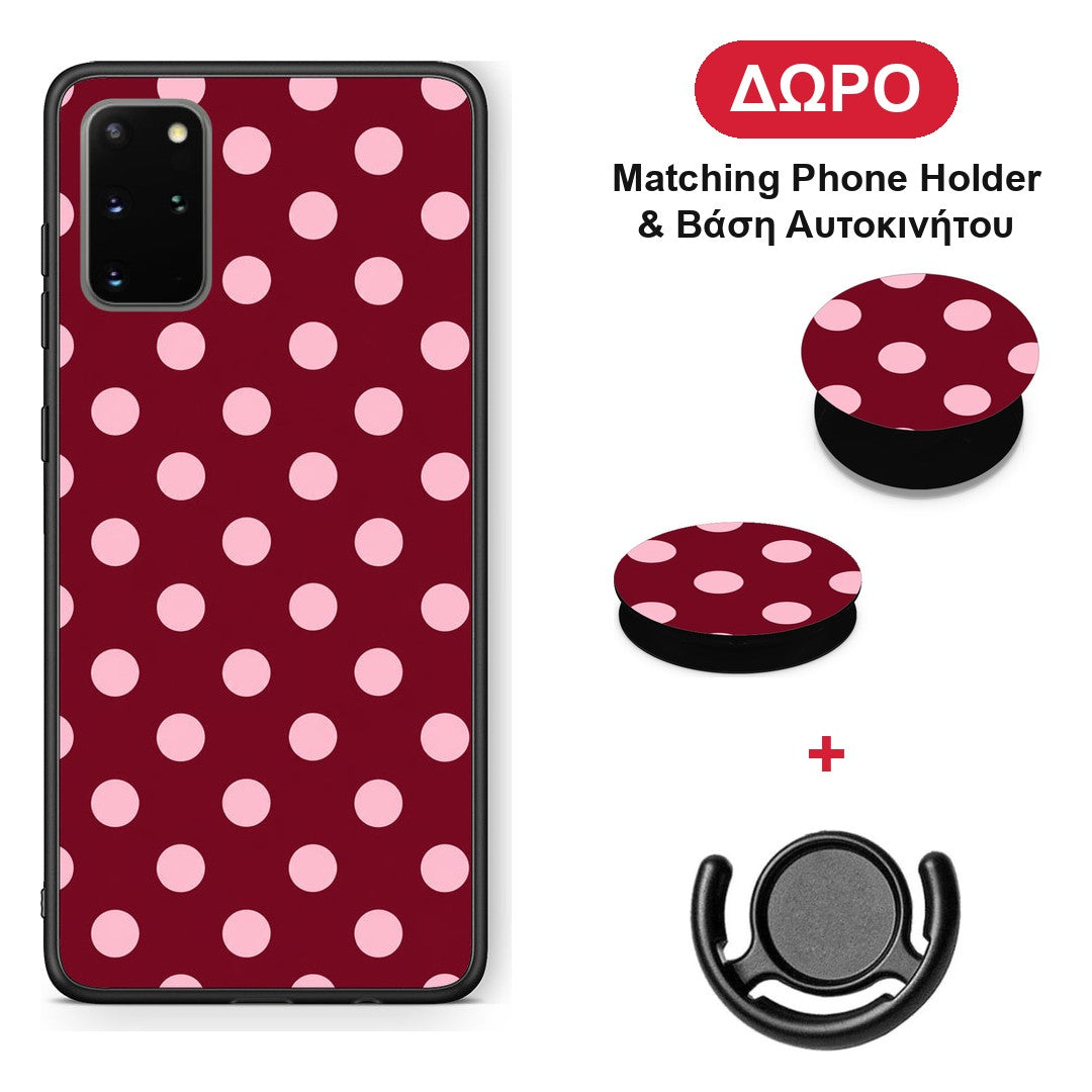 Pink Polka Dots on Burgundy - Samsung Galaxy S20+ θήκη + Δώρο Phone Holder & Βάση Αυτοκινήτου