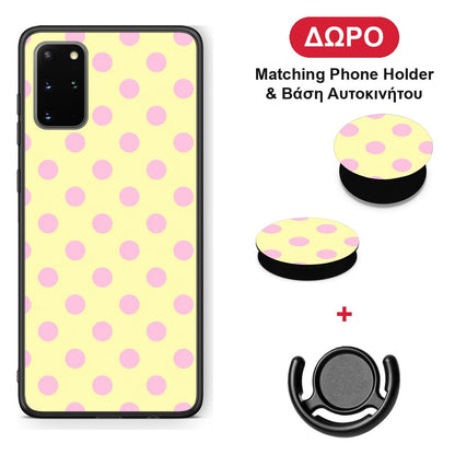 Pink Polka Dots on Yellow - Samsung Galaxy S20+ θήκη + Δώρο Phone Holder & Βάση Αυτοκινήτου