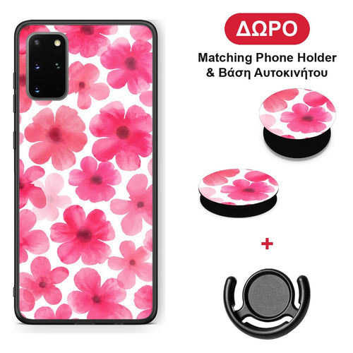 Pink Watercolour Flowers on White - Samsung Galaxy S20+ θήκη + Δώρο Phone Holder & Βάση Αυτοκινήτου
